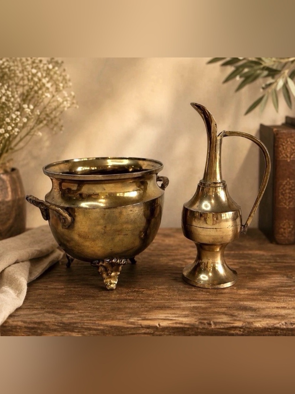Brass Mini Ewer Pitcher Genie Bottle Flower Planter Censer Cauldron Set India